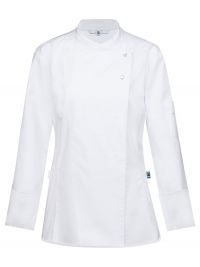 Moderne Kochjacke Damen Weiß mit femininer Passform, Jerseyrücken und verdeckten Druckknöpfen